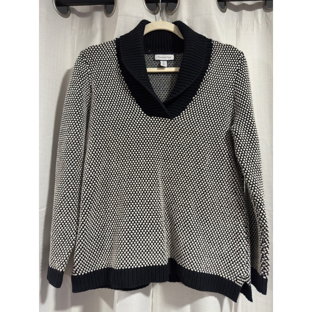 Charter Club‎ Womens Shawl Collar Metallic Knit Sweater Black White Size Medium